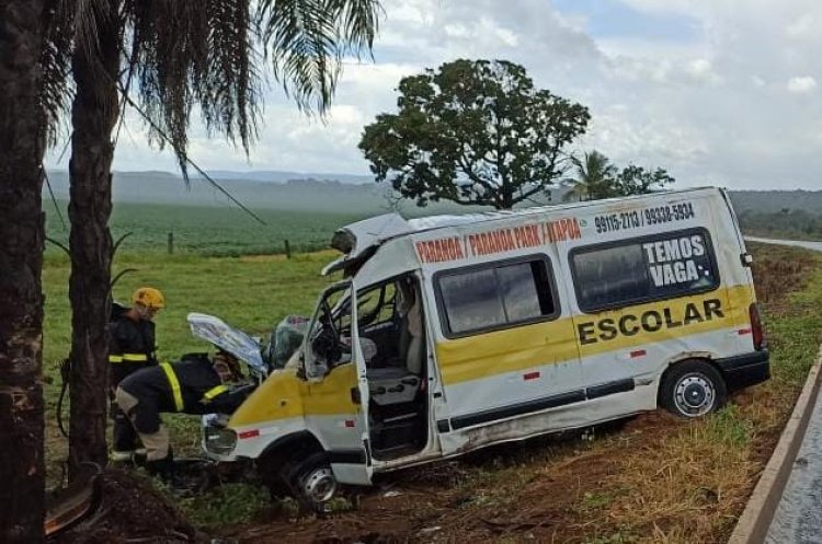 Van escolar com 10 passageiros bate em árvore após motorista perder controle do veículo na BR-020,  em Formosa