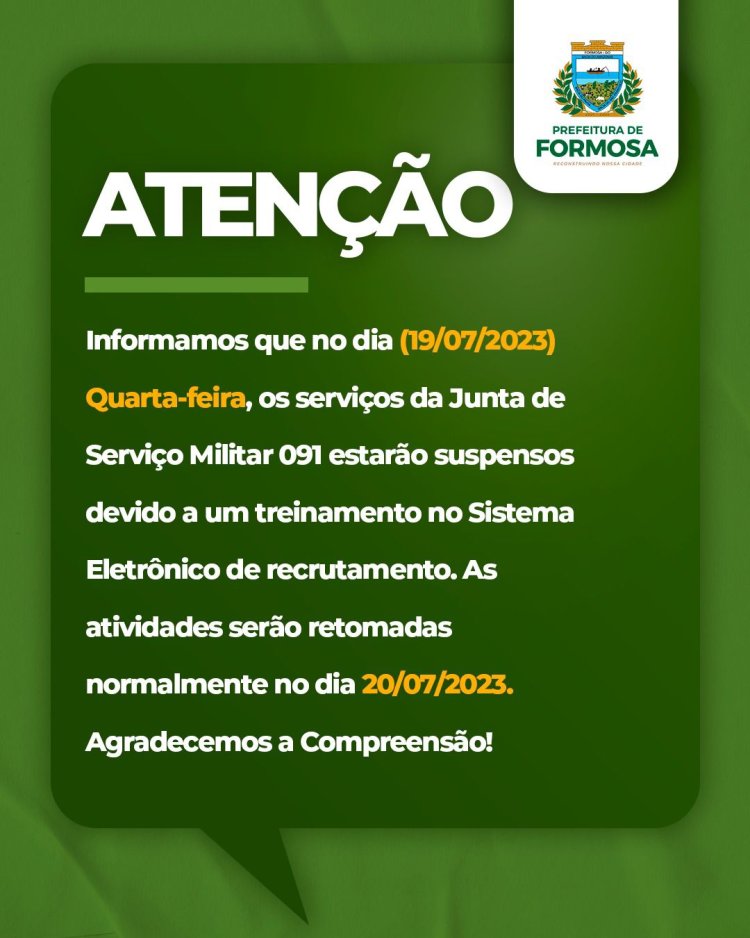 Prefeitura de Formosa suspende serviços da Junta Militar para atualização do Sistema Eletrônico de Recrutamento