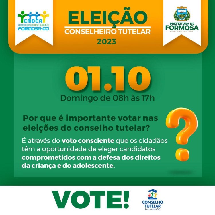 Eleição para escolha dos conselheiros tutelares de Formosa será realizada no dia 01 de outubro