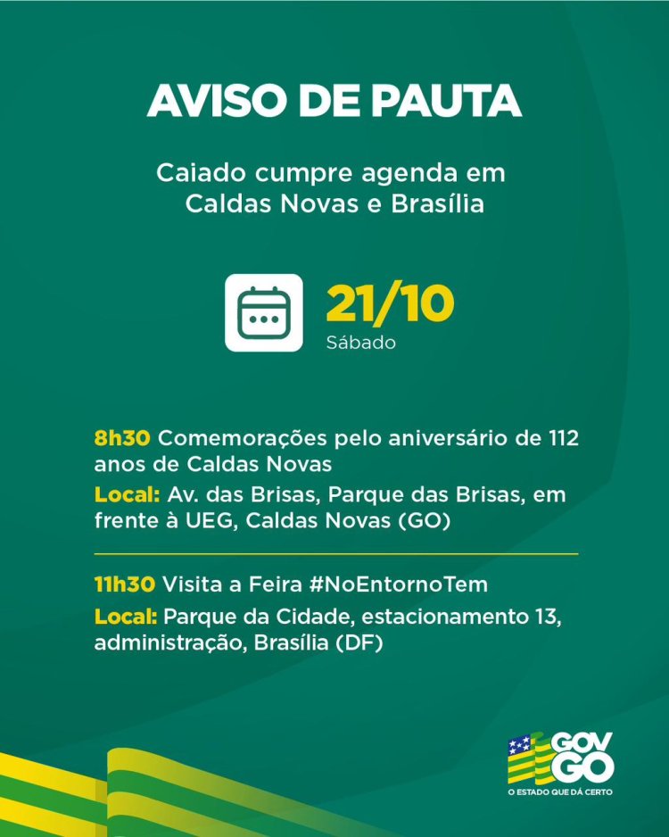 Governador Ronaldo Caiado cumpre agenda em Caldas Novas e Brasília, neste sábado